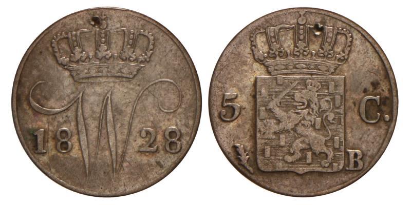 5 cent Willem I 1828 B. Zeer Fraai +.