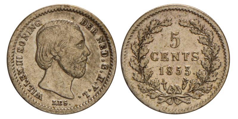5 cent Willem III 1853. Fraai / Zeer Fraai.