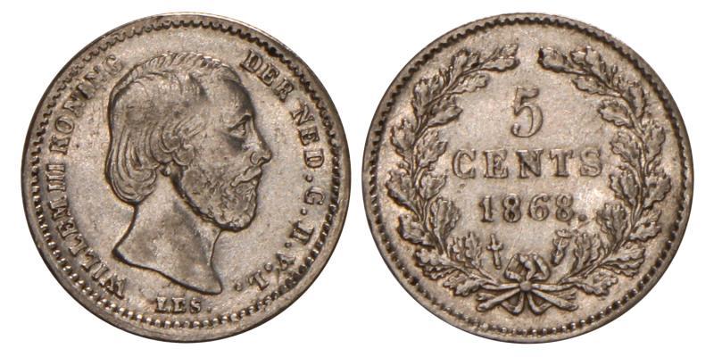 5 cent Willem III 1868. Fraai / Zeer Fraai.