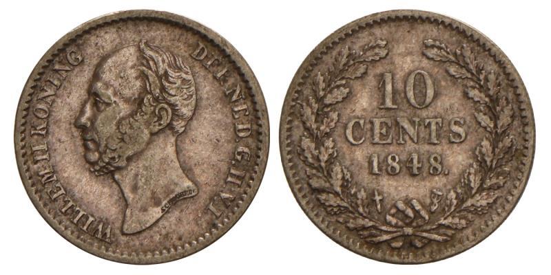 10 cent Willem II 1848. Zeer Fraai.