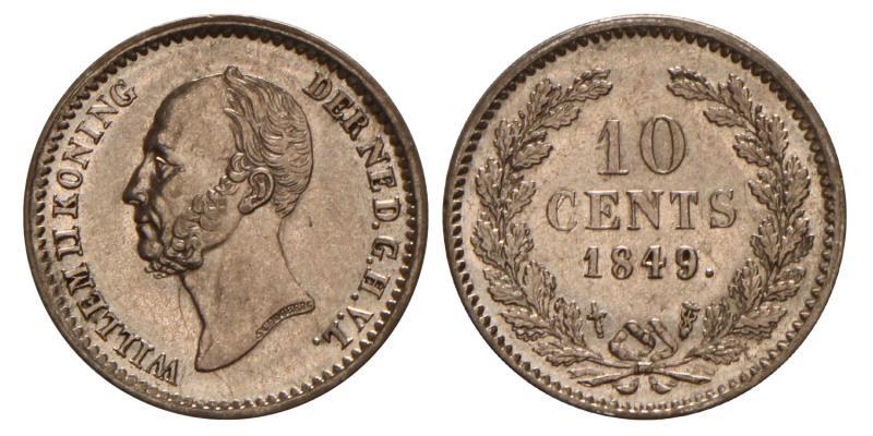 10 cent Willem II 1849 met punt. Zeer Fraai / Prachtig.