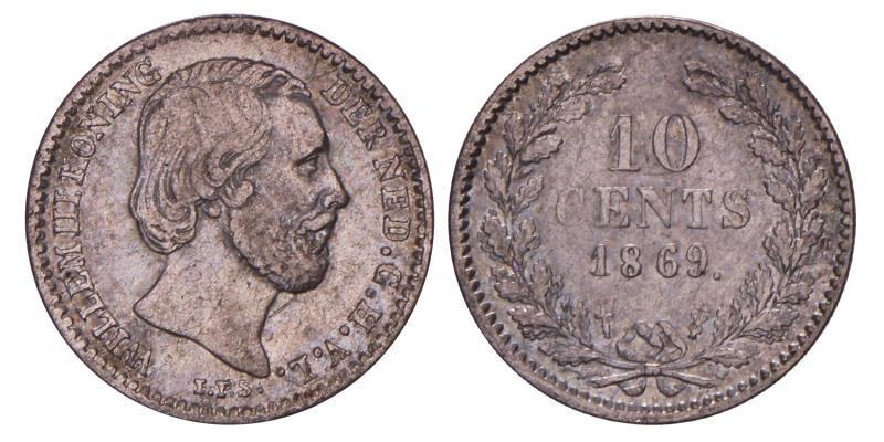 10 cent Willem III 1869. Fraai +.