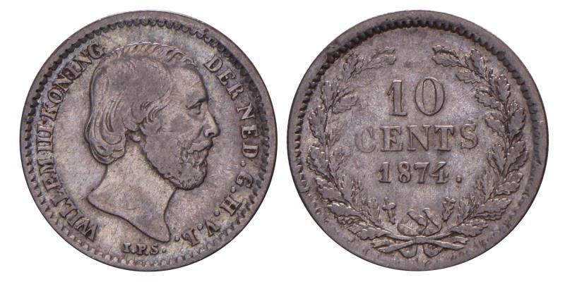 10 cent Willem III 1874 zwaard met klaverblad vormig uiteinde. Fraai +.