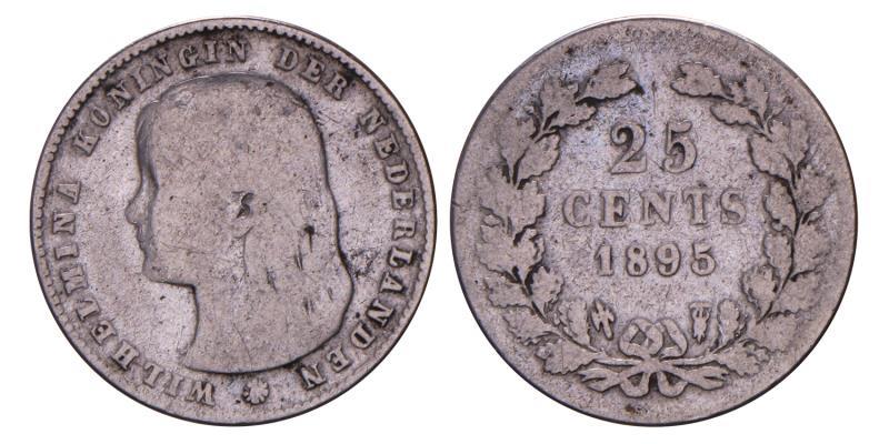 25 cent Wilhelmina 1895 Schuin muntmeester teken. Fraai.