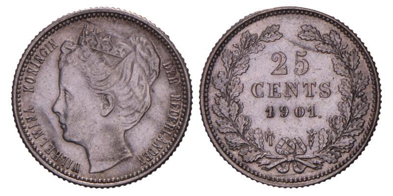 25 cent Wilhelmina 1901 brede hals. Zeer Fraai +.