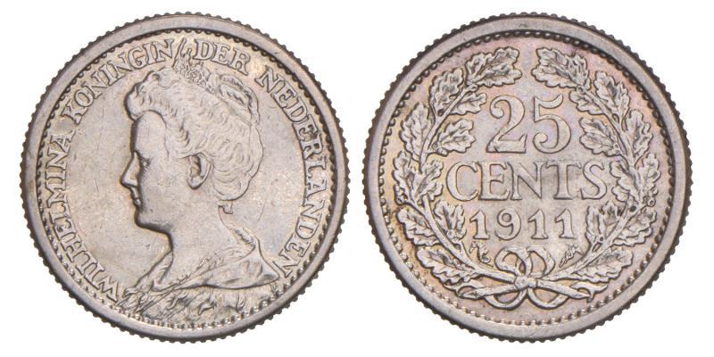 25 cent Wilhelmina 1911. Zeer Fraai / Prachtig.