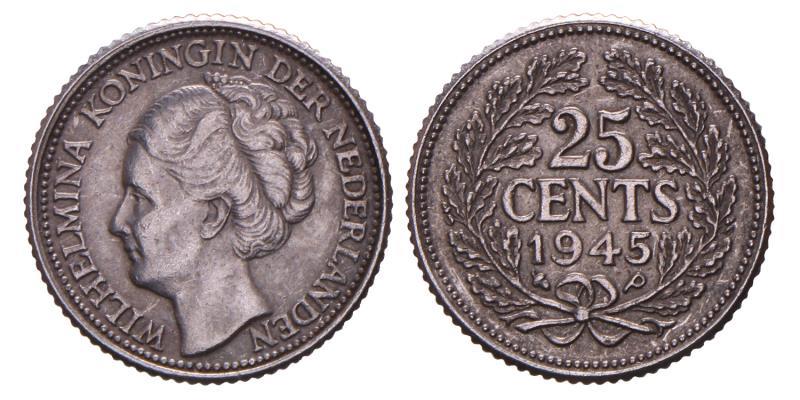 25 cent Wilhelmina 1945. Zeer Fraai / Prachtig.