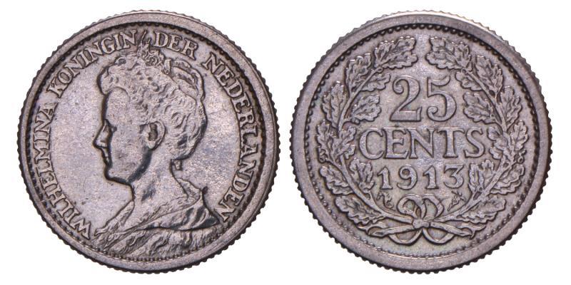 25 cent Wilhelmina 1913. Zeer Fraai / Prachtig.