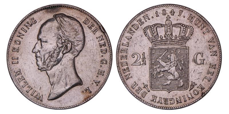 2½ gulden Willem II 1847. Zeer Fraai +.