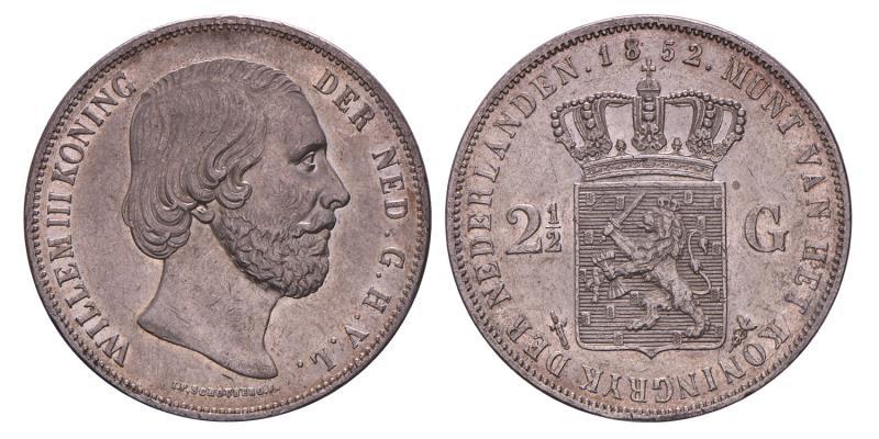2½ gulden Willem III 1852. Prachtig +.
