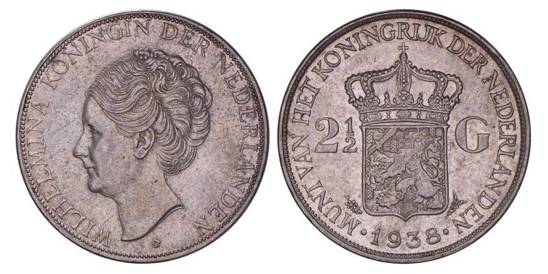 2½ gulden Wilhelmina 1938 grofhaar. Zeer Fraai / Prachtig.