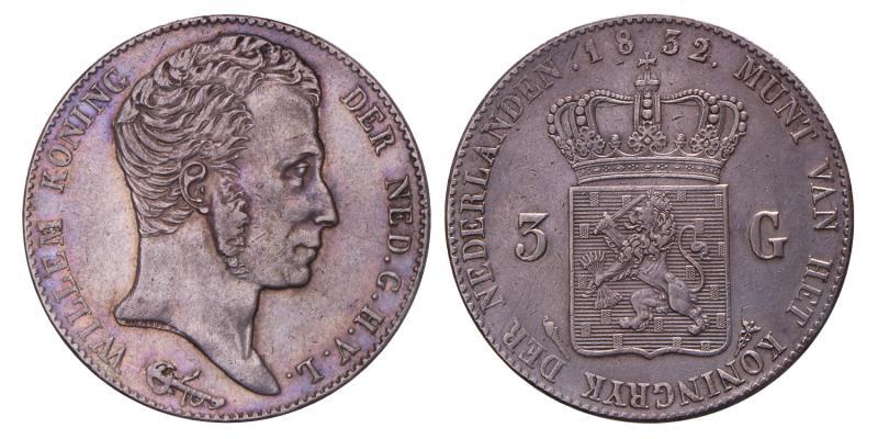 3 gulden Willem I 1832 / 1824. Prachtig.