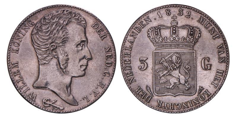 3 gulden Willem I 1832 / 1824. Prachtig / FDC.