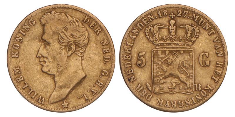 5 gulden goud Willem I 1827 B. Fraai +.
