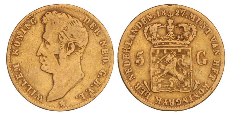 5 gulden goud Willem I 1827 U. Fraai +.