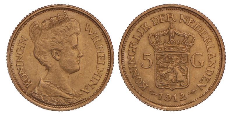 5 gulden goud Wilhelmina 1912. FDC.