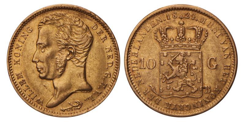 10 gulden goud Willem I 1824 B. Prachtig.