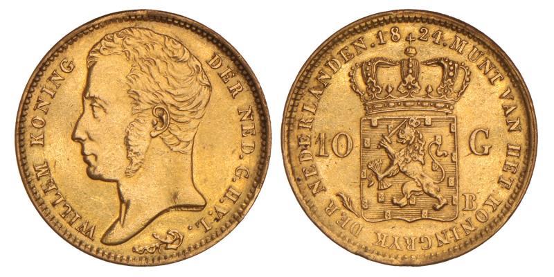 10 gulden goud Willem I 1824 B. Zeer Fraai / Prachtig.