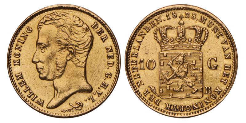 10 gulden goud Willem I 1828 B. Zeer Fraai / Prachtig.