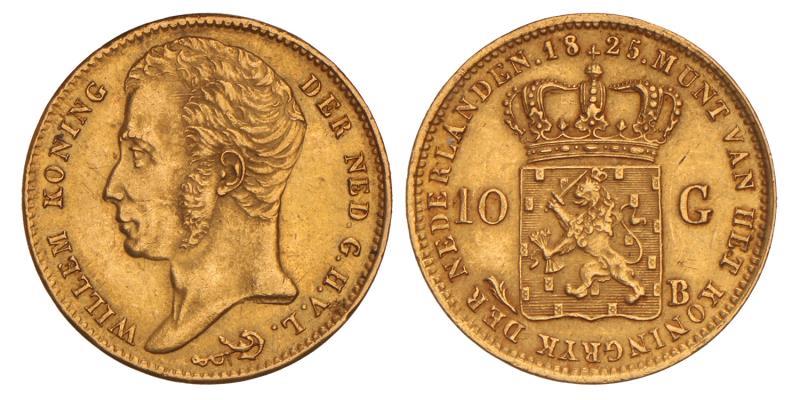 10 gulden goud Willem I 1825 B. Prachtig.