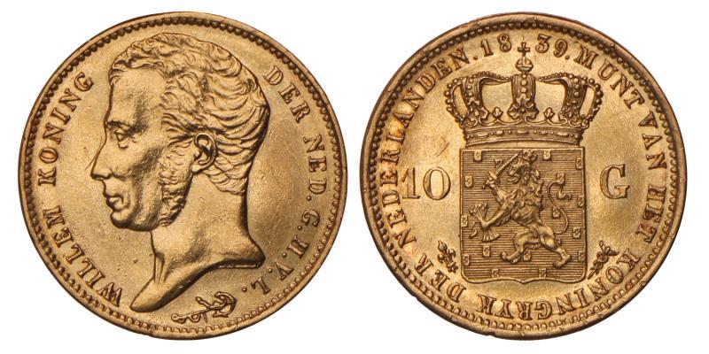 10 gulden goud Willem I 1839. Prachtig / FDC.