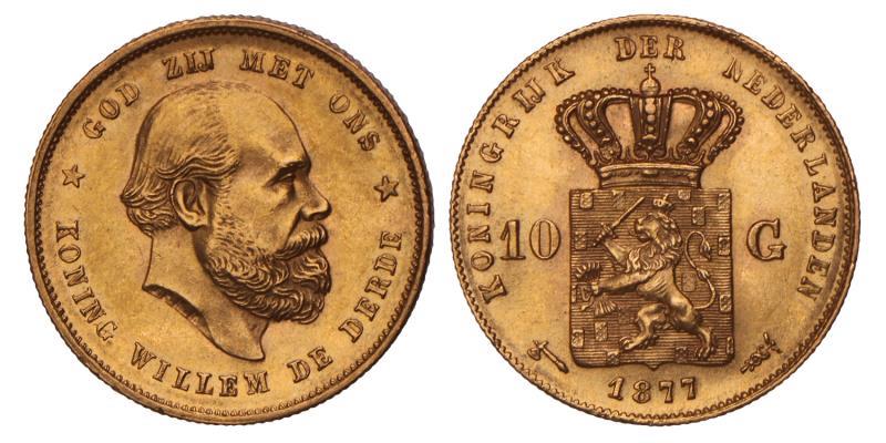 10 gulden goud Willem III 1877. FDC.
