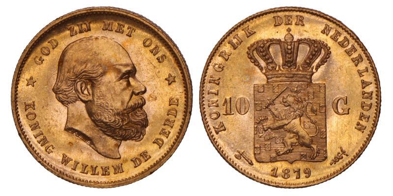 10 gulden goud Willem III 1879. Prachtig.