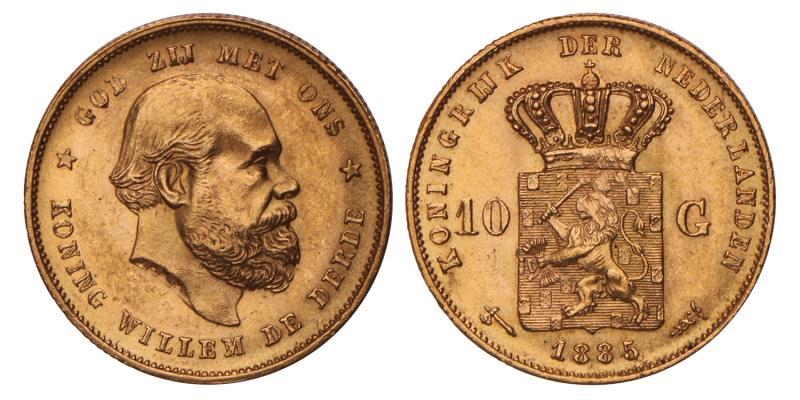 10 gulden goud Willem III 1885. FDC.