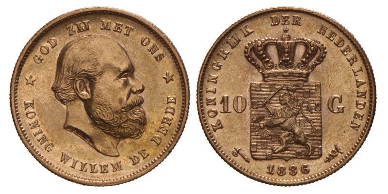 10 gulden goud Willem III 1886. Prachtig / FDC.