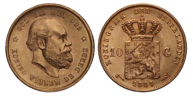 10 gulden goud Willem III 1887. FDC.