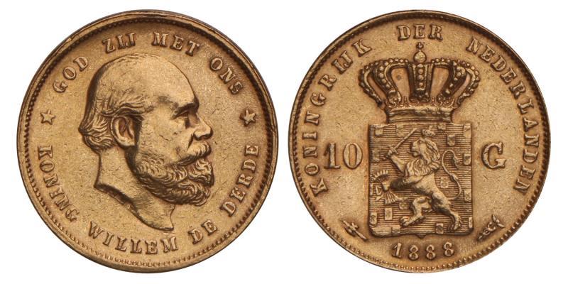 10 gulden goud Willem III 1888. Zeer Fraai.