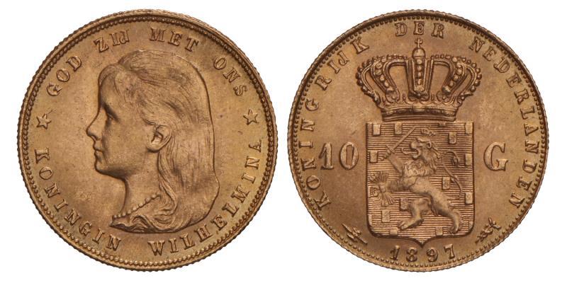 10 gulden goud Wilhelmina 1897. FDC.