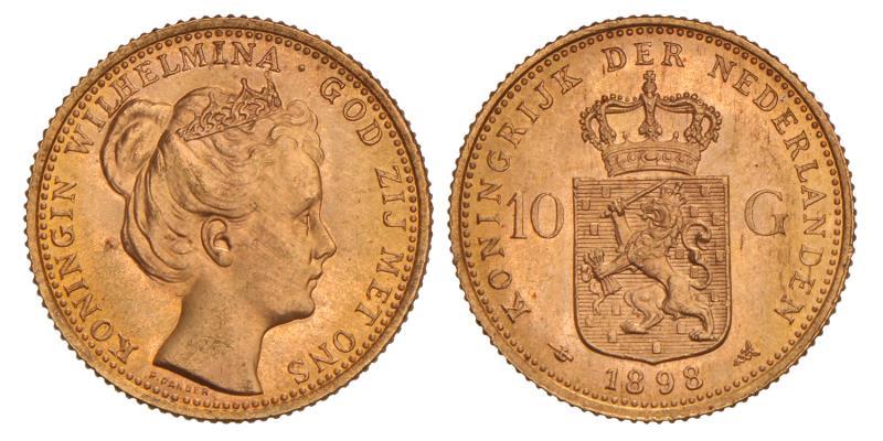 10 gulden goud Wilhelmina 1898. FDC.