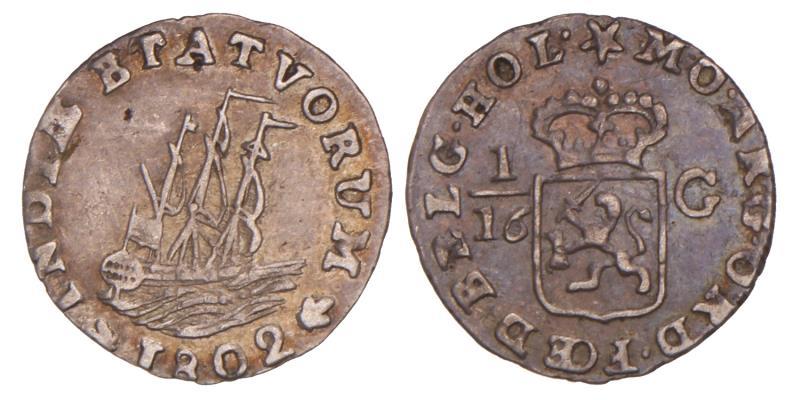 Nederlands-Indië. Bataafse Republiek. 1/16 Gulden RR. 1802.