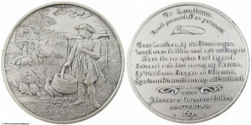Zilveren penning uit de serie van Johannes en Caspaares Luiken. De Landman.