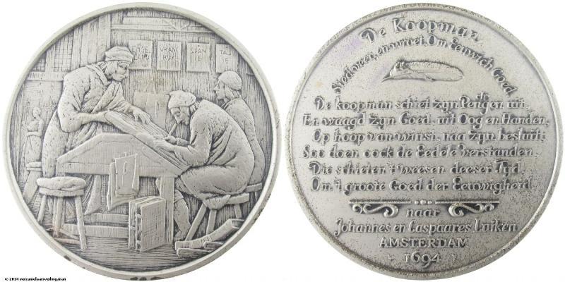 Zilveren penning uit de serie van Johannes en Caspaares Luiken. De Koopman.