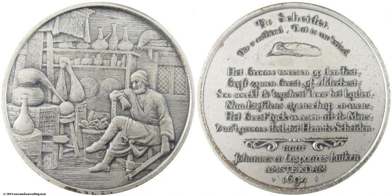 Zilveren penning uit de serie van Johannes en Caspaares Luiken. De Scheider.