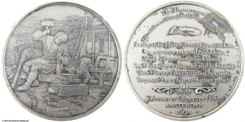 Zilveren penning uit de serie van Johannes en Caspaares Luiken. De Timmerman.