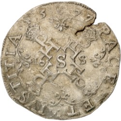 ½ statendaalder. Vlaanderen. Brugge. Emissies van de opstandelingen. Filips II (uitgegeven onder verantwoording van de Staten Generaal). 1577. AU details.