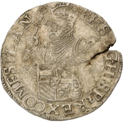 ½ statendaalder. Vlaanderen. Brugge. Emissies van de opstandelingen. Filips II (uitgegeven onder verantwoording van de Staten Generaal). 1577. AU details.