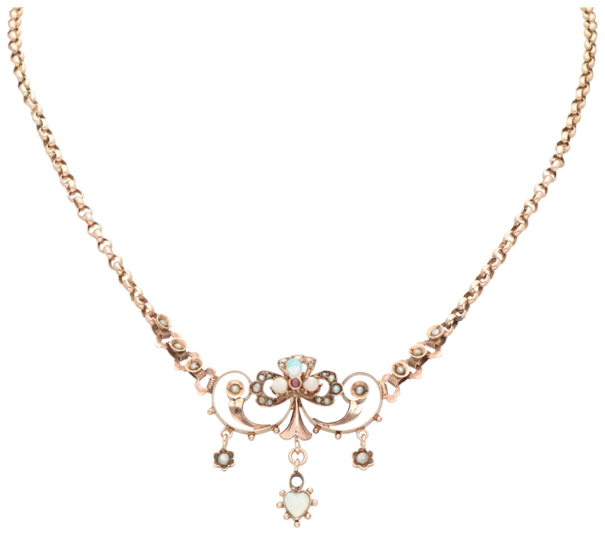 BWG 9K geelgouden hanger met opaal en zaadparel aan collier.