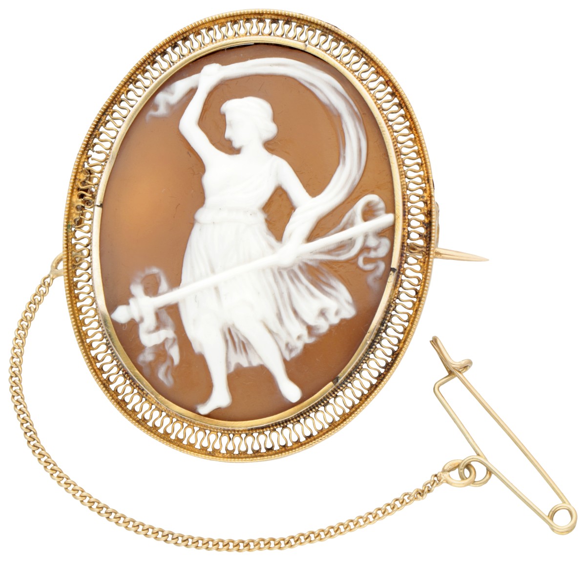 14K Geelgouden broche schelpcamee met godin Ariadne.