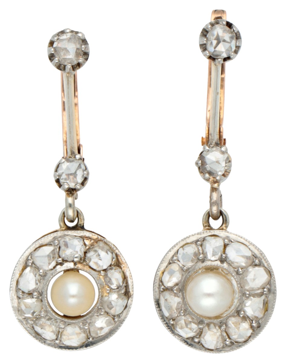 14K Tricolour gouden dormeuse oorbellen met roos geslepen diamant en parel.