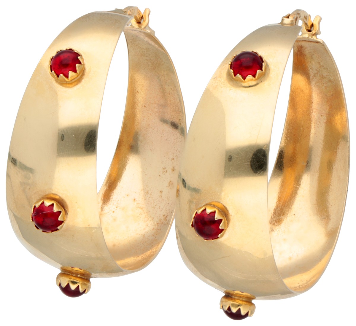 14K Geelgouden creolen met rood glas.
