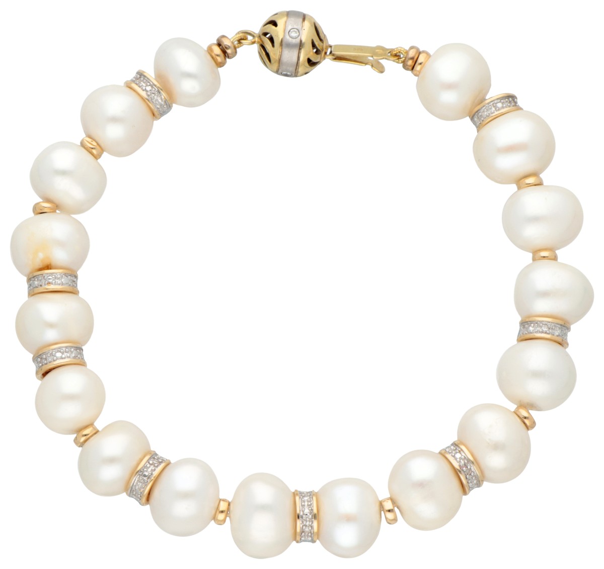 14K Geelgouden armband met gecultiveerde bouton parels en diamant.