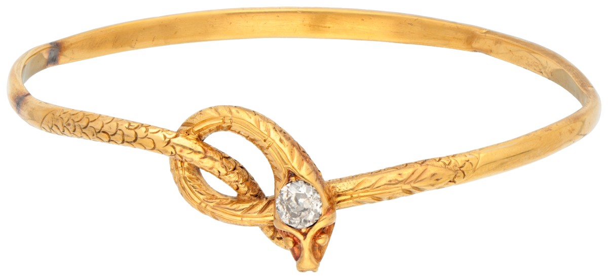 14K Geelgouden antieke slangenarmband bezet met ca. 0.55 ct. oud geslepen diamant.