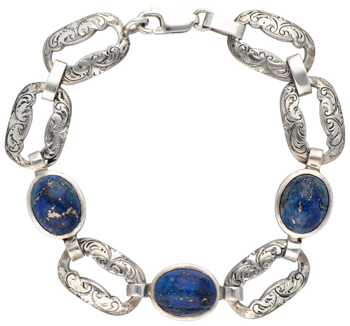 Zilveren schakelarmband met lapis lazuli.