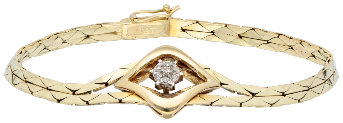 14K geelgouden flexibele armband met diamanten rozet.