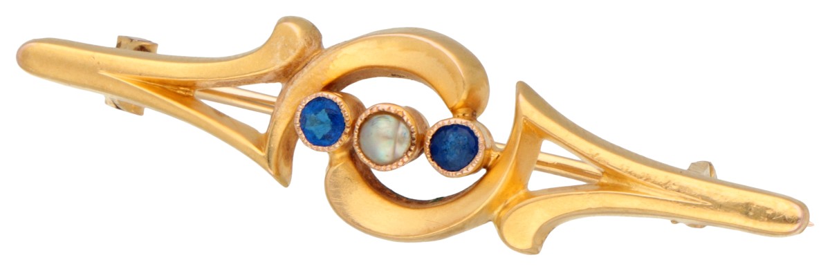 Antieke 14K geelgouden broche met blauwe steen en zaadparel.