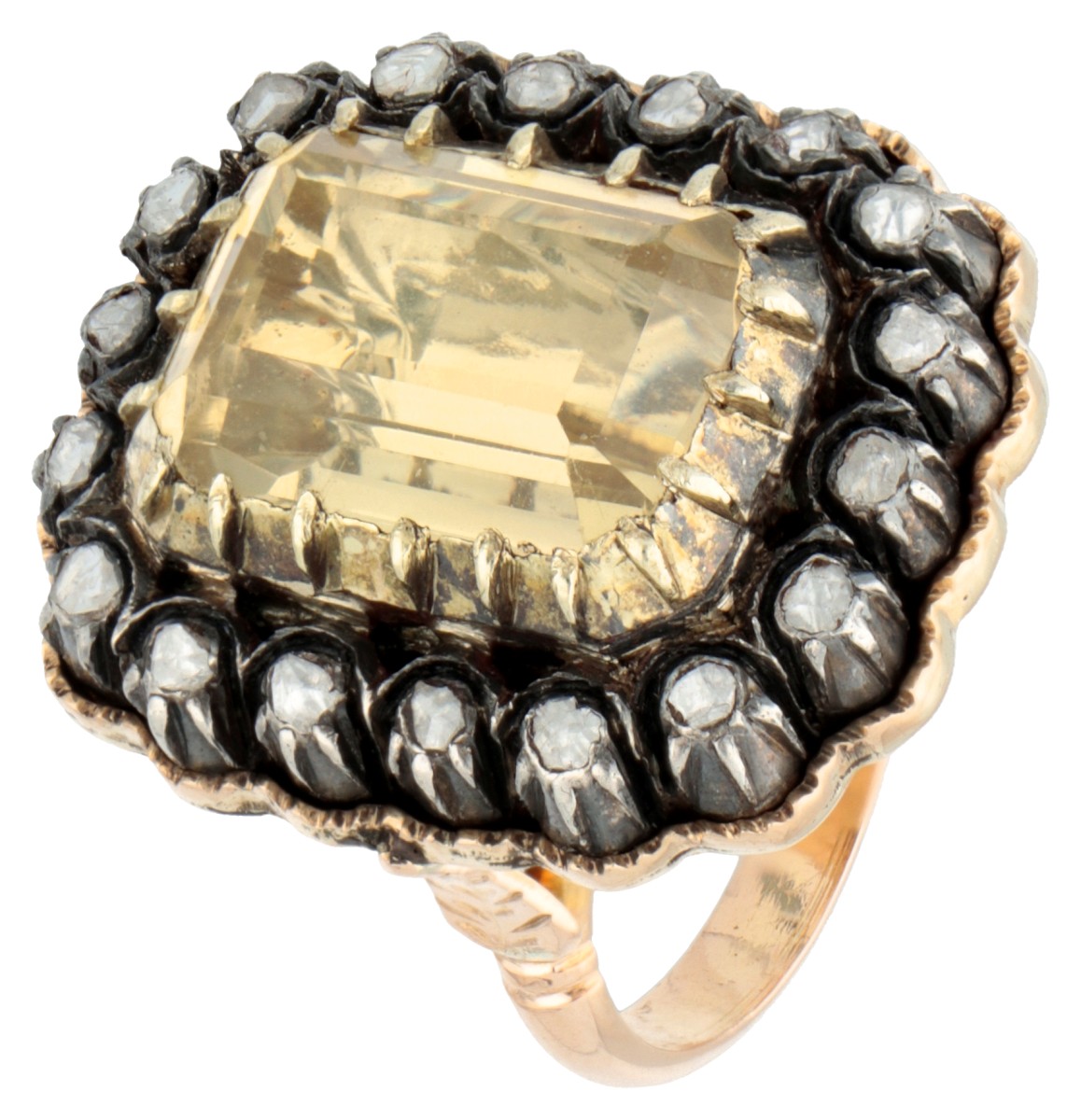 Gouden/zilveren cocktail ring met citrien en diamant